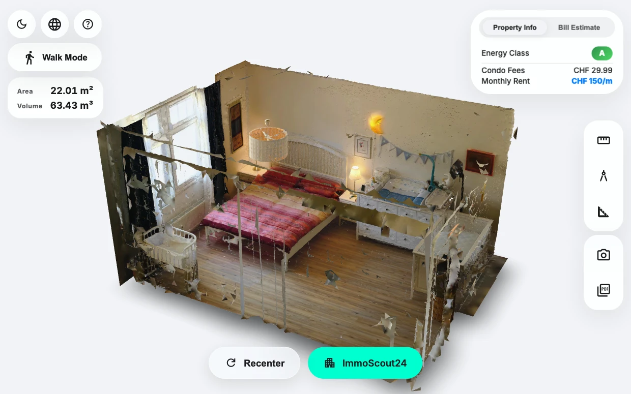 The Z Home viewer with a scanned bedroom, its measurements and the property details