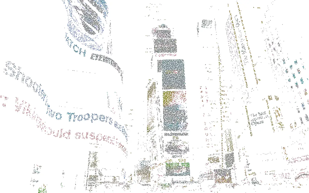 An urban intersection rebuilt by Zinkis as a point cloud